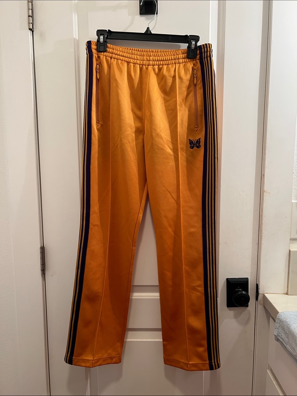 Needles Nepenthes Japan Yellow Gold Track Pants with Purple Butterfly Accent